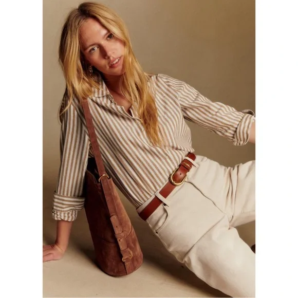 SEZANE Camel Tan & White Ecru Linen Cotton Striped Button Down Tomboy Shirt - Picture 13 of 17